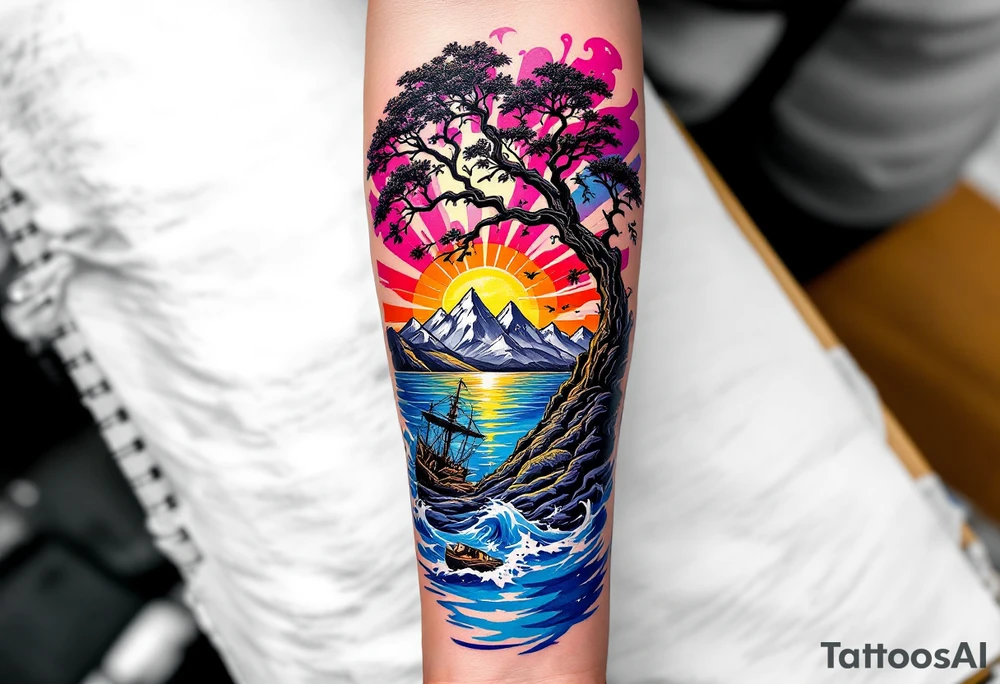 a forearm tattoo that has an acacia tree with mountains, ocean with a ship wreck tattoo idea