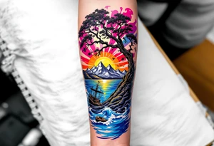 a forearm tattoo that has an acacia tree with mountains, ocean with a ship wreck tattoo idea