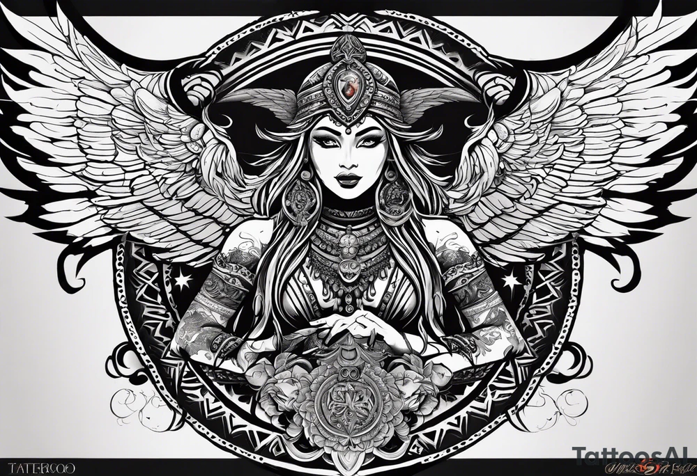 black kali, goddess pirate, alien, angel, pachamama, valkrye, warrior, flying, skull, lotus azul, wing, eagle, zenza resonance, stars, 5D, anahata chakra, death, durga, riding on a tiger, flying lady tattoo idea