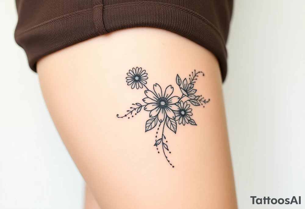 Honeysuckle, marigold, chrysanthemum, and violet bouquet tattoo idea