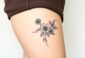 Honeysuckle, marigold, chrysanthemum, and violet bouquet tattoo idea