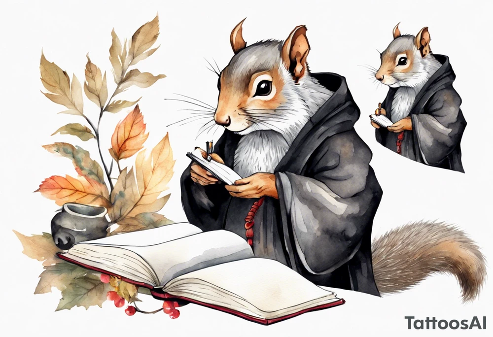 an elderly grey squirrel with a long beard wearing a black robe writing in a journal tattoo idea