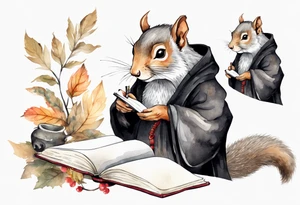 an elderly grey squirrel with a long beard wearing a black robe writing in a journal tattoo idea