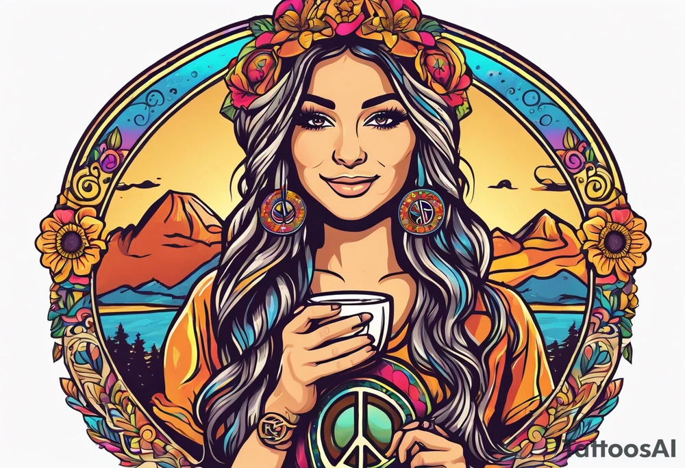 Groovy Coffee shop logo with hippie girl holding a peace sign on hand, peace sign on coffee mug tattoo idea