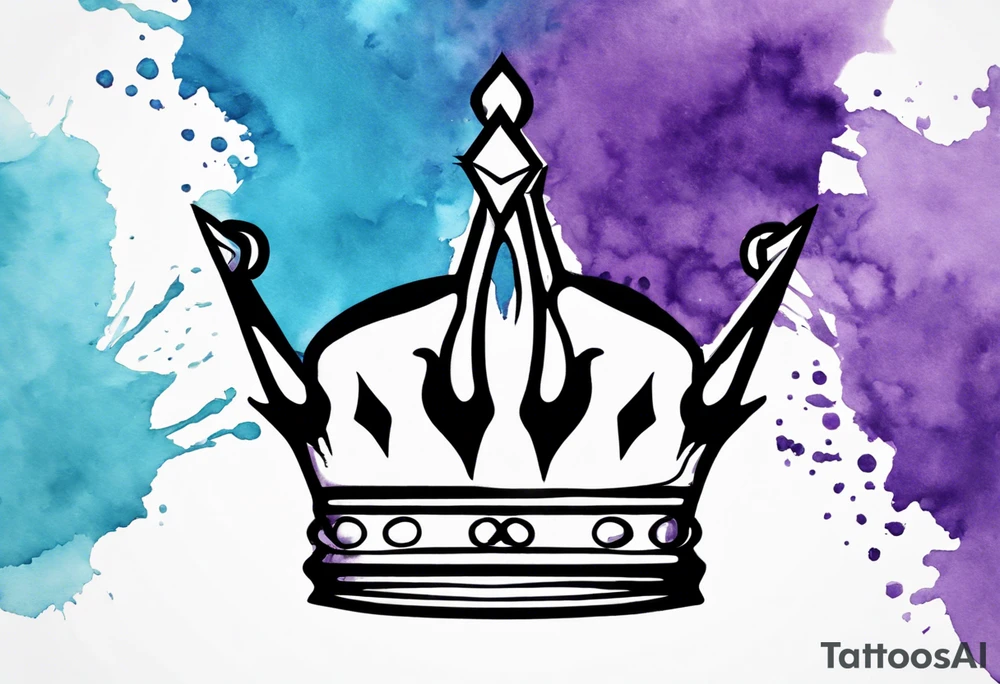 A tattoo of a minimalistic black crown and some negative space on a water color background of purple and blue. tattoo idea