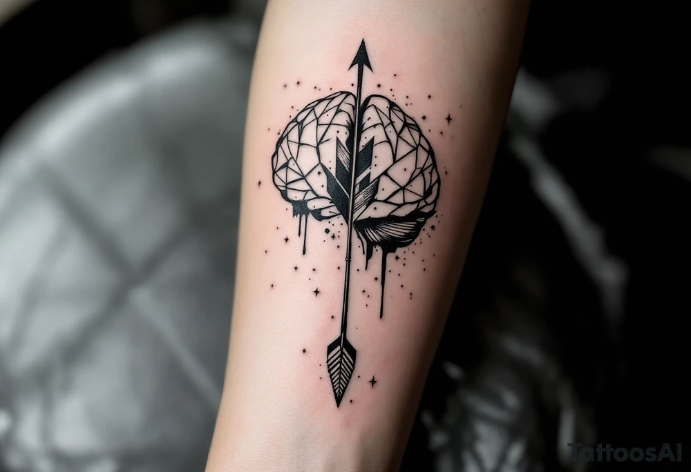 A geometric, vertical, front-seen brain. A detailed arrow crosses from below and exit from the top, with its tip desintegrating to represent entropy and watercolor stains spilled from the arrow. No stars or details around. tattoo idea