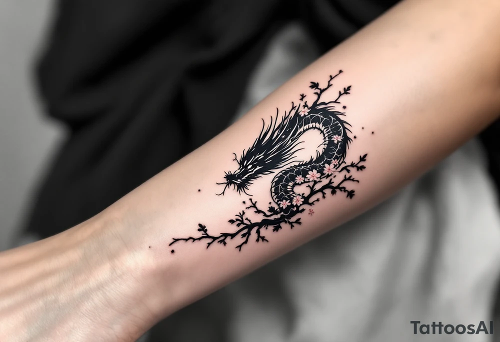 detailed dragon japanese style sakura trees abstract lines dark/rough aesthetic tattoo idea