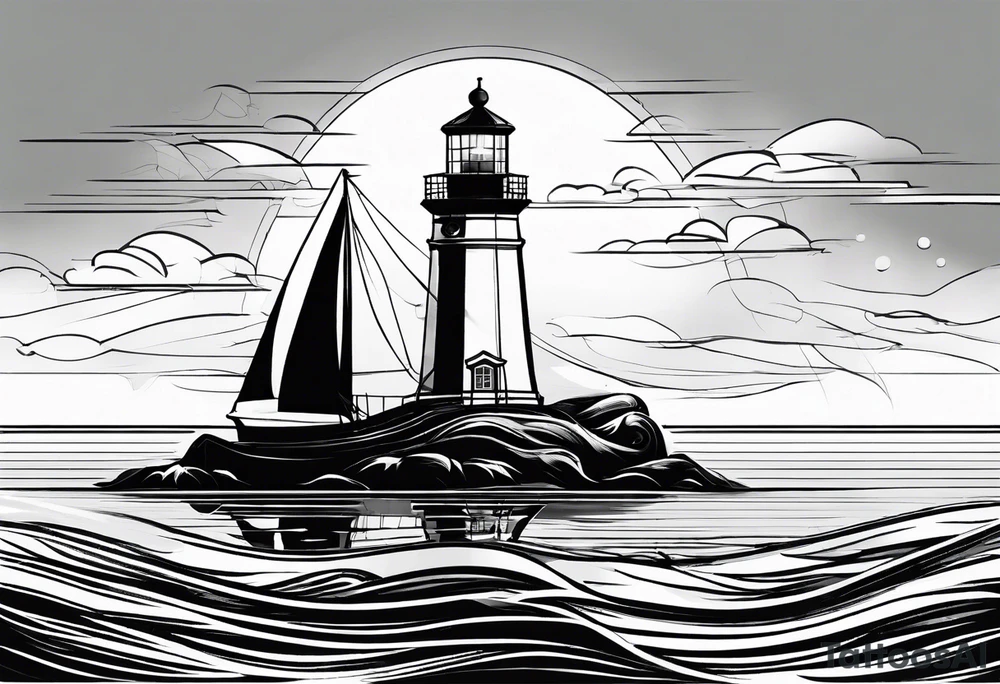 maritime lighthouse partially hidden by its large fixed sail. calm sea reflection. tattoo idea