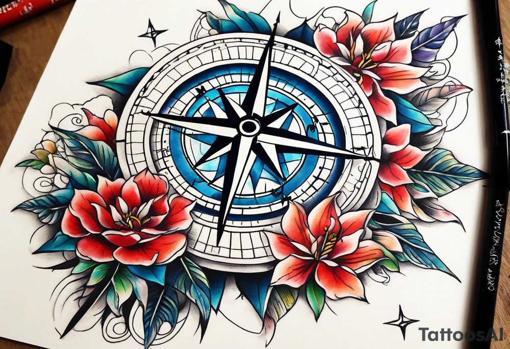Travel themed for thigh, compass rose with tiny jet plane tattoo idea