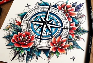 Travel themed for thigh, compass rose with tiny jet plane tattoo idea