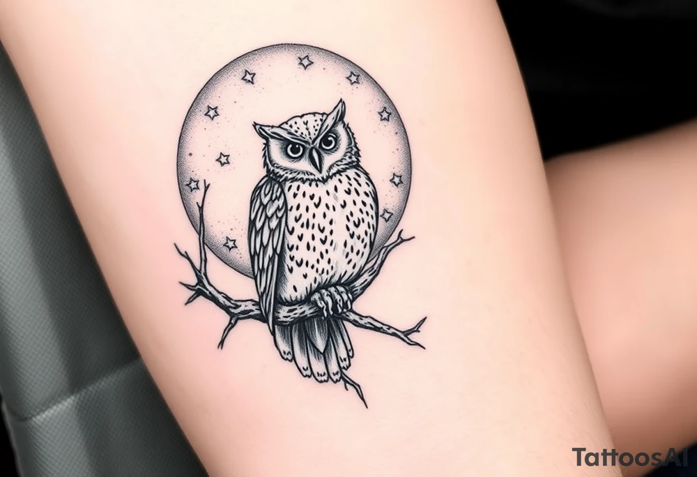 wise owl perched on ancient oak branch under starlit sky tattoo idea