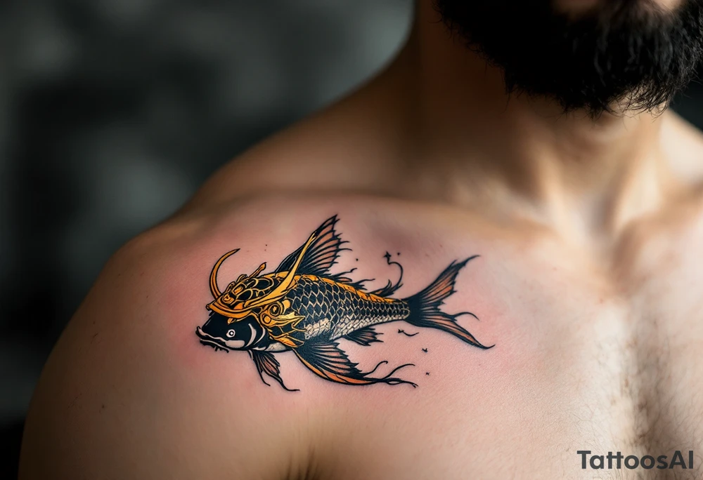 Black and Gold Koi with Samurai Helmet – A bold koi featuring black and gold coloring, swimming beneath an ornate samurai kabuto (helmet), representing honor and bravery. tattoo idea