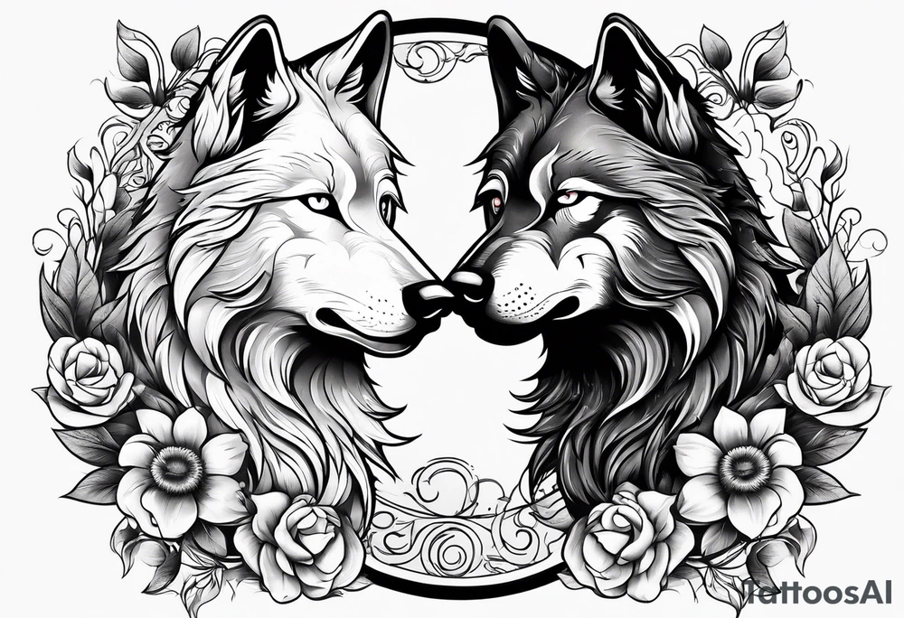 black wolf and white wolf in a ying yang style tattoo idea