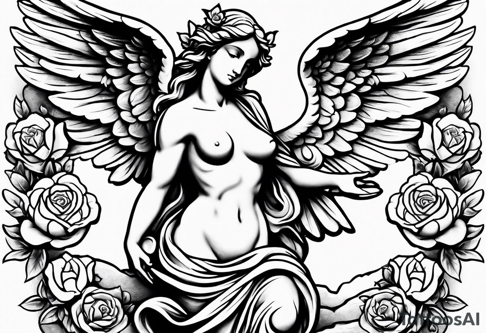 Simple Angel statue stood on a rock with daffodils and roses wrapped around its legs tattoo idea