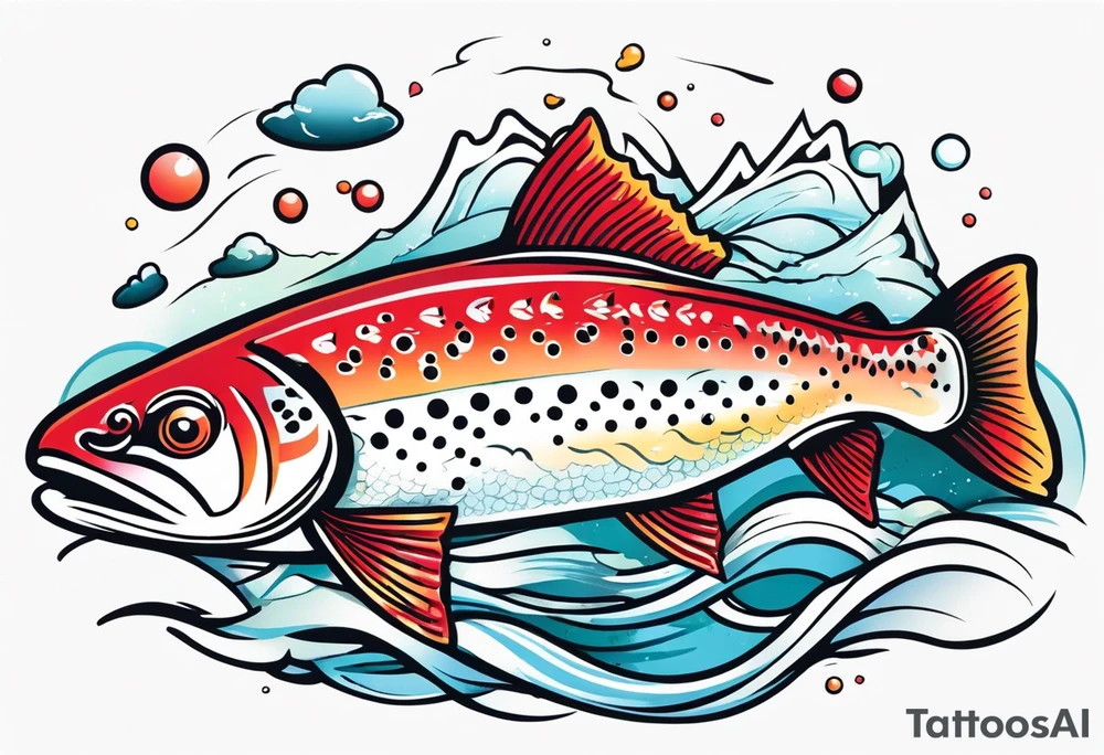 A small tattoo featuring a lovestruck trout as the main theme, drawn without lines, using only color combinations. tattoo idea