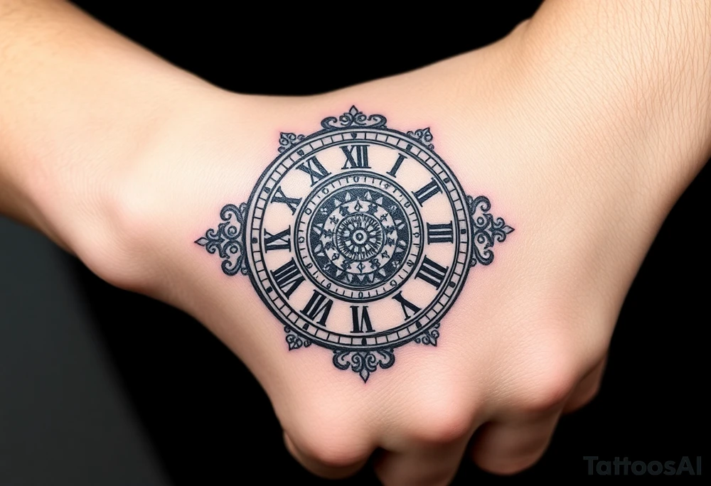 vintage roman numerals within ornate clockwork mechanism tattoo idea