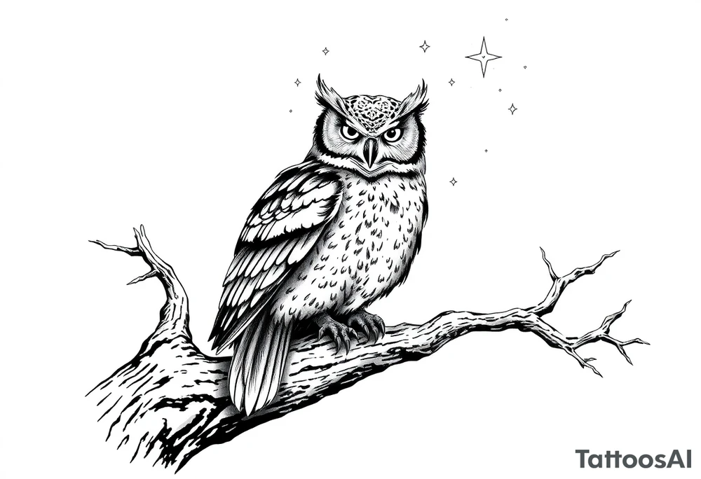 wise owl perched on ancient oak branch under starlit sky tattoo idea