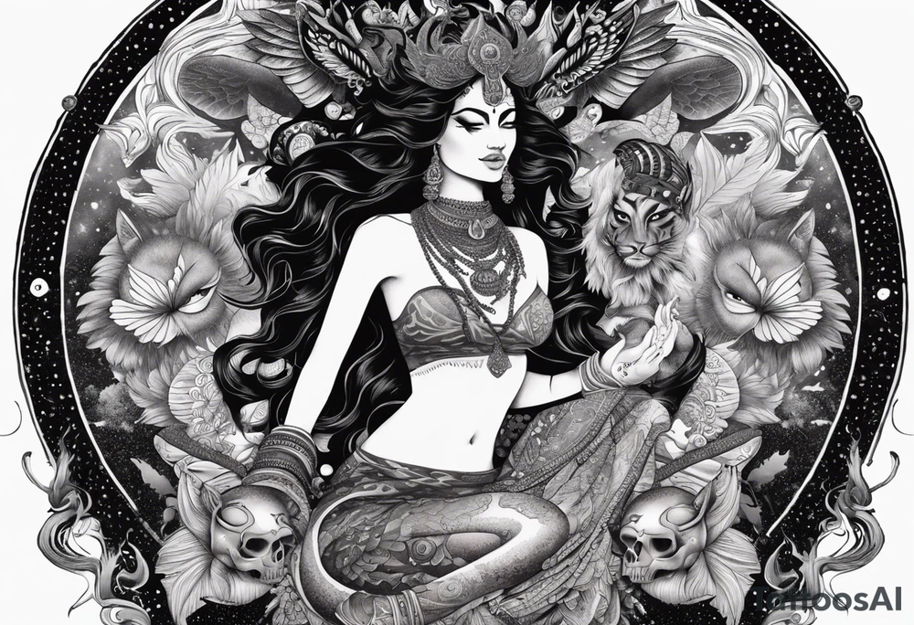 black kali, goddess pirate, alien, angel, pachamama, valkrye, warrior, flying, skull, lotus azul, wing, eagle, zenza resonance, stars, 5D, anahata chakra, death, durga, riding on a tiger, flying lady, kundalini, chest tatoo, samuri, rebel,serpent tattoo idea