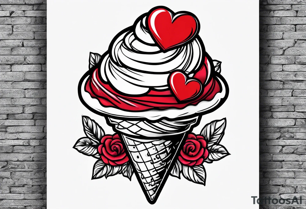 sketch chocolate chip ice cream cone with one red heart tattoo idea