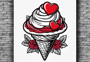 sketch chocolate chip ice cream cone with one red heart tattoo idea