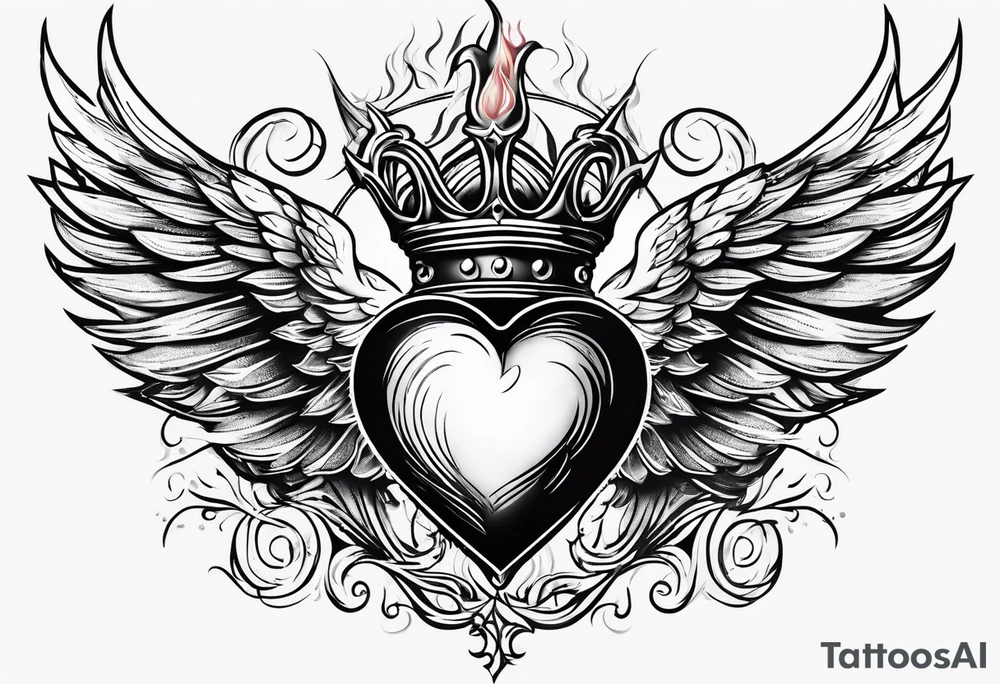 sacred heart with a real heart and flames coming out of the top and wings behind tattoo idea