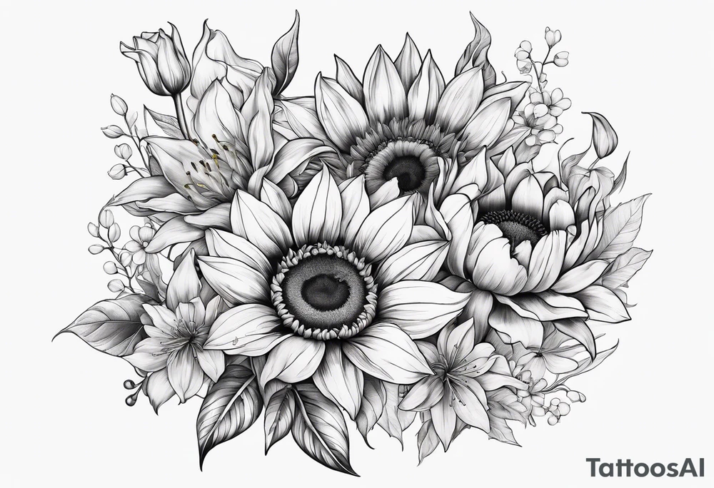 Bouquet of sunflower, lily, peony, cherry blossom and tulip tattoo idea
