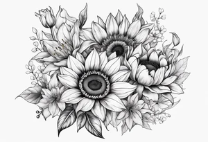 Bouquet of sunflower, lily, peony, cherry blossom and tulip tattoo idea