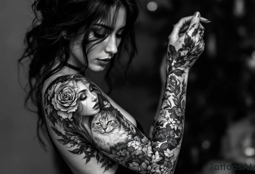 women portrait with cat tattoo idea