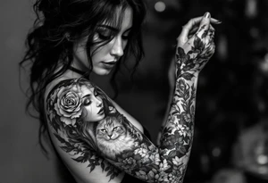 women portrait with cat tattoo idea