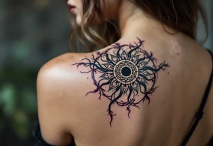 Wrapped in burgundy vines, the black Celtic sun at the center pulses with mystic charm. tattoo idea