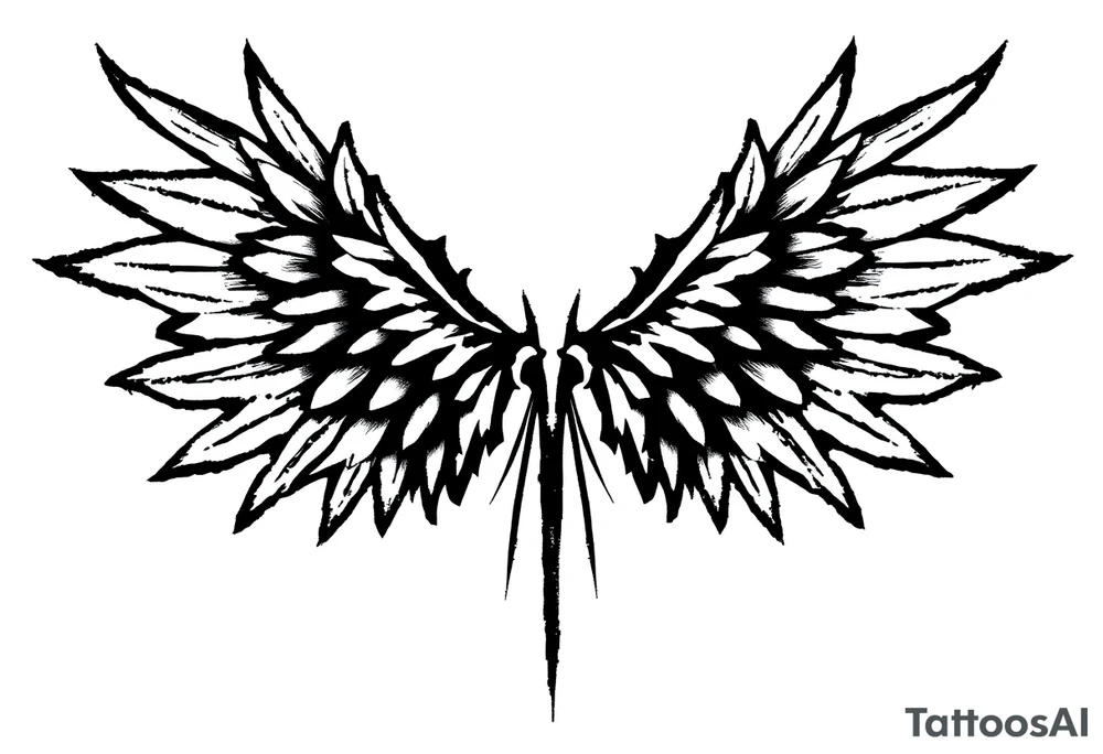 This tattoo design features a pair of stylized wings drawn in black ink with a sketch-like, abstract aesthetic. The wings are composed of sharp, angular feathers with jagged edges, giving them a rough, almost tribal or gothic appearance. The shading is done with a mix of soft gradients and stippling, adding depth and texture to the design. The center where the wings meet is fragmented, with thin lines extending downward, creating a sense of movement and raw energy. This design would make for a bold and edgy tattoo, symbolizing freedom, strength, or a rebellious spirit. tattoo idea