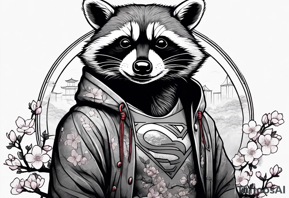 Raccoon wearing a Superman hoodie and Japanese cherry blossoms tattoo idea