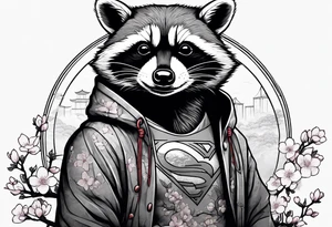 Raccoon wearing a Superman hoodie and Japanese cherry blossoms tattoo idea
