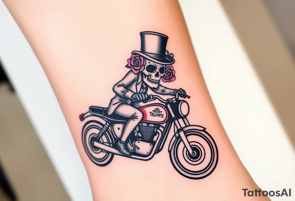 create an decorated "day of the dead skull" wearing a top hat with roses who is riding a Triumph motorcycle tattoo idea