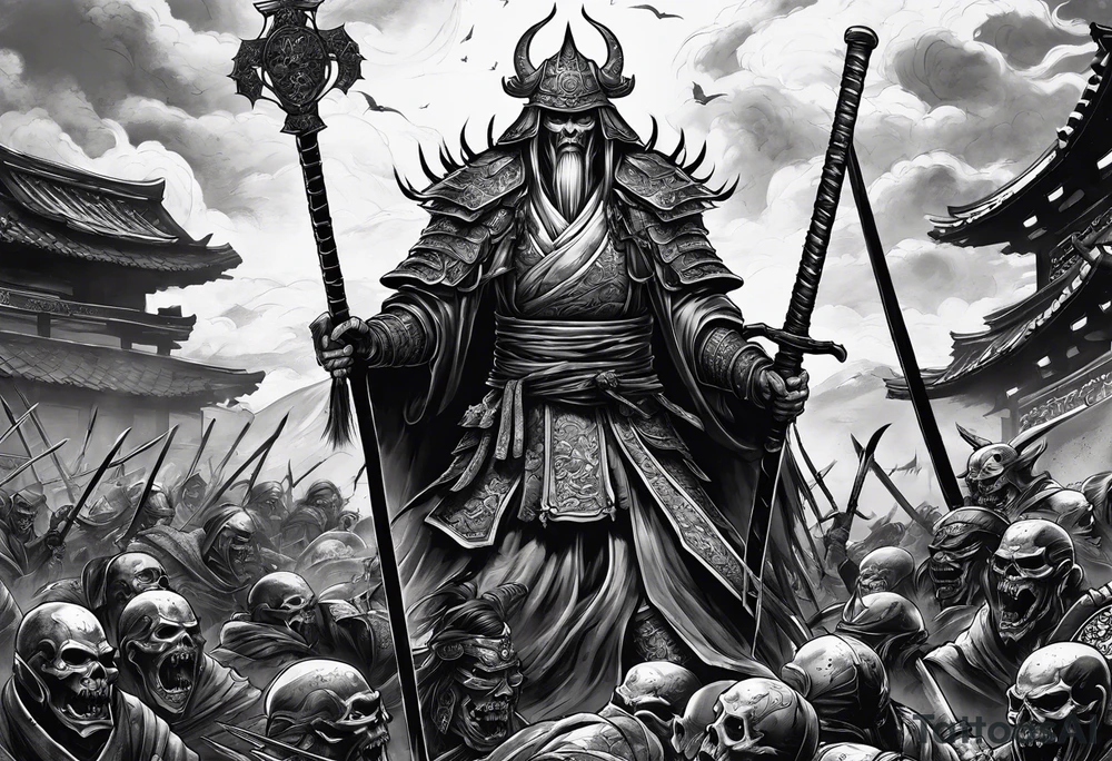 Undead elder lich necromancer standing on the bodies of dead samurai warriors on a battlefield tattoo idea