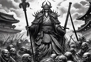 Undead elder lich necromancer standing on the bodies of dead samurai warriors on a battlefield tattoo idea