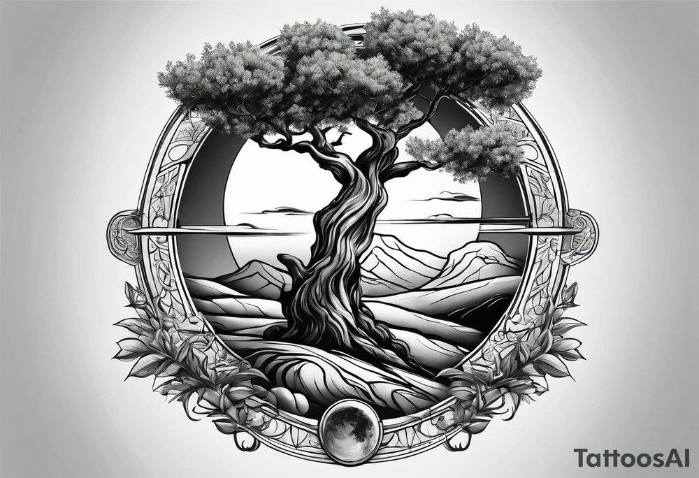 an olive tree and Saturn raising behind it tattoo idea