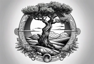 an olive tree and Saturn raising behind it tattoo idea