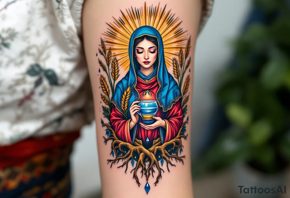 Mokosh – A richly detailed woman in Slavic robes of blue and red, holding wheat and water, framed by earthy brown tree roots and golden rays. tattoo idea