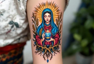 Mokosh – A richly detailed woman in Slavic robes of blue and red, holding wheat and water, framed by earthy brown tree roots and golden rays. tattoo idea