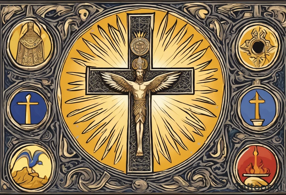 A medieval cross with an assyrian flag in the middle. A crown om top of the cross. The assyrian king Sennacherib. A sun and a moon. A cloud with rain and thunder. charizard. an imperfect cirkle. a candle. a swan. lemons. the god asshur with wings. an ankh. angel wings with a halo. surrounded by olive branches and feathers. all black and white. no shadowing. tattoo idea
