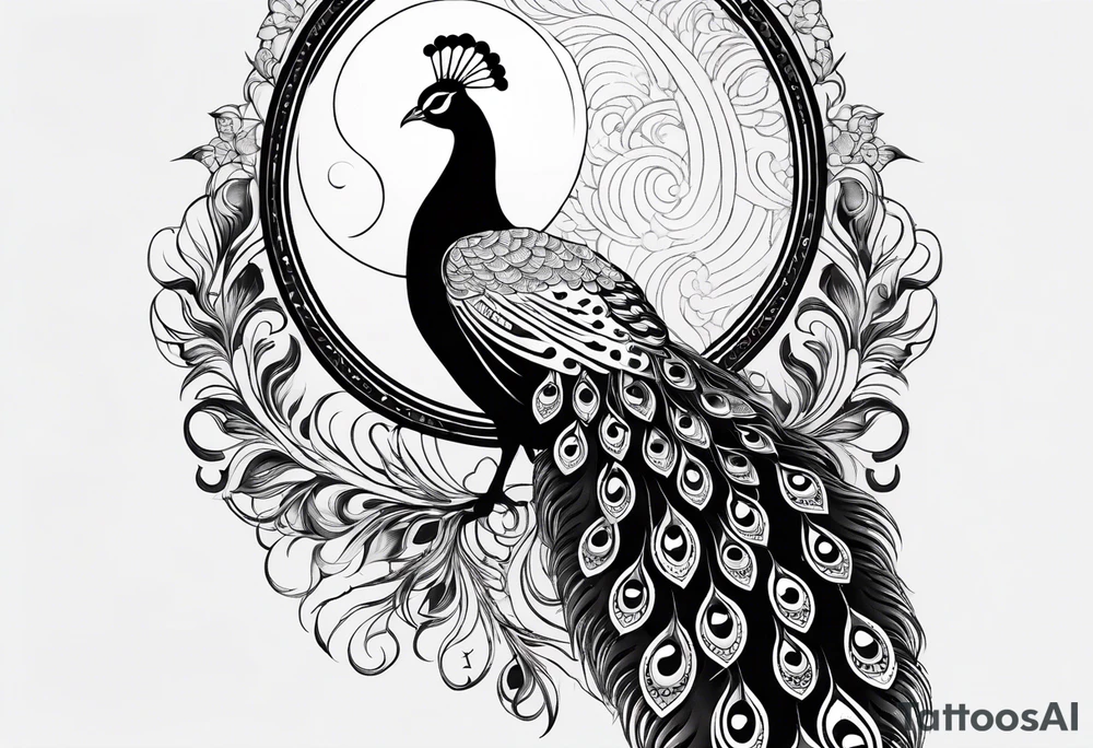 black and white peacock with infinity symbol in feather and moon above tattoo idea