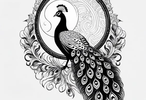 black and white peacock with infinity symbol in feather and moon above tattoo idea