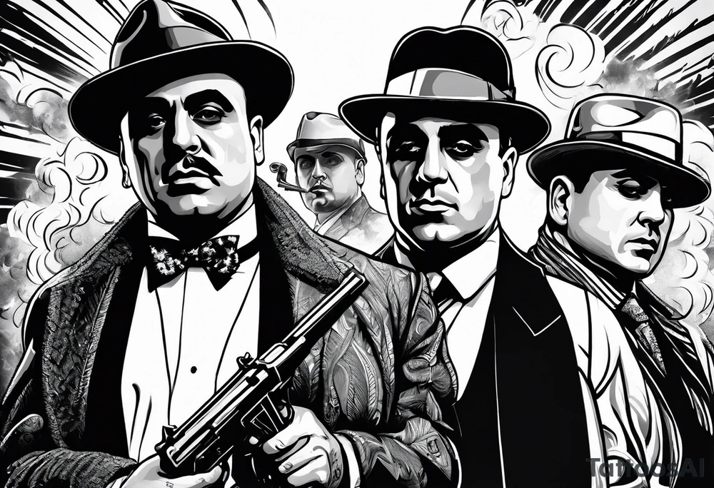 group of gangsters including Al Capone with machine guns surrounded by smoke and fire tattoo idea