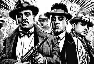 group of gangsters including Al Capone with machine guns surrounded by smoke and fire tattoo idea