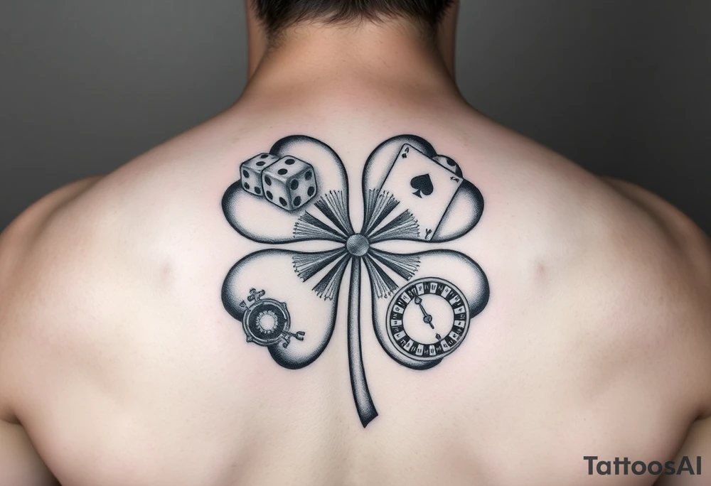 A. Four-leaf clover with dice, playing cards, a slot machine, and a roulette table in each leaf tattoo idea