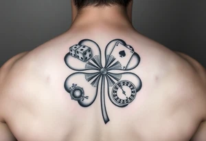 A. Four-leaf clover with dice, playing cards, a slot machine, and a roulette table in each leaf tattoo idea