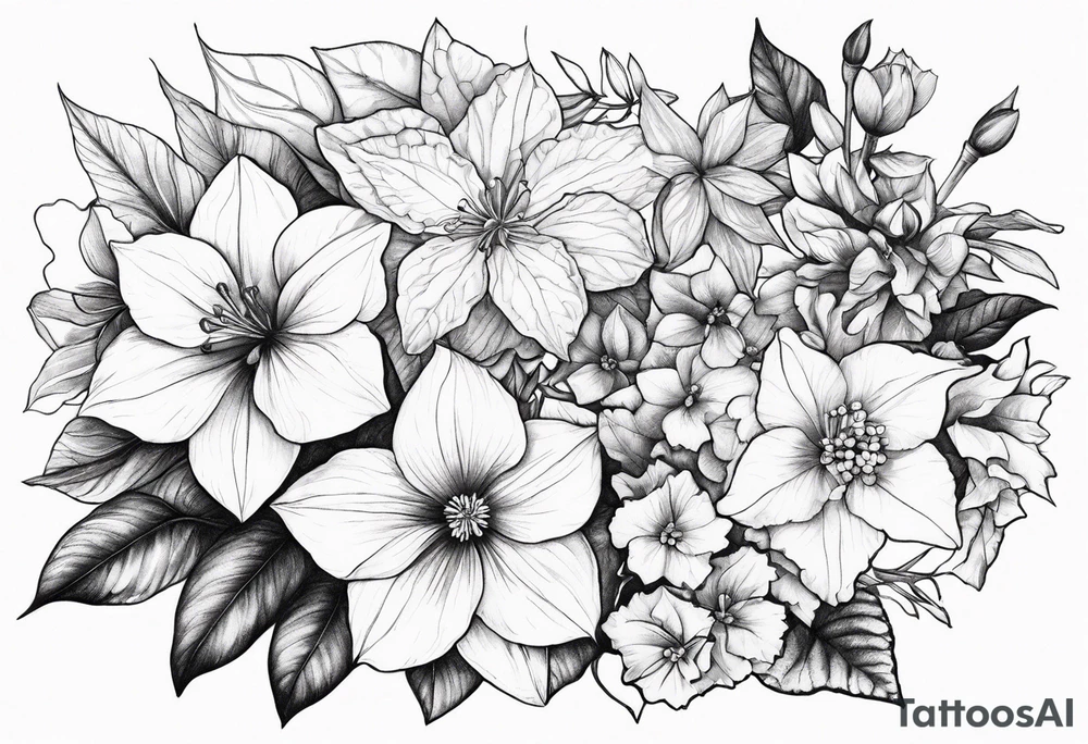 Hydrangea, Narcissus, Poinsettia, Holly, Gladiolus, Poppy, Daisy, Sweet Pea floral bouquet tattoo idea