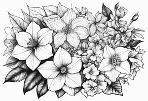 Hydrangea, Narcissus, Poinsettia, Holly, Gladiolus, Poppy, Daisy, Sweet Pea floral bouquet tattoo idea