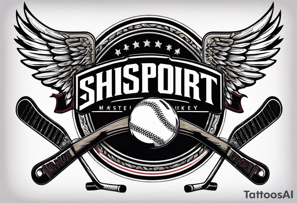 crossed hockey sticks with sports equipment and wings that says "SHOT SPORTS" tattoo idea